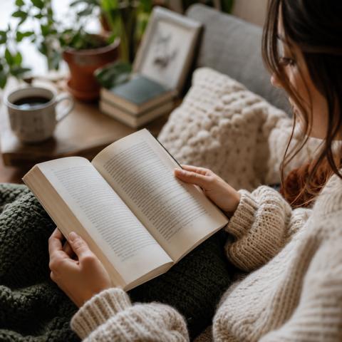 Frau liest entspannt ein Buch auf dem Sofa