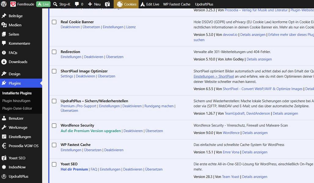 WordPress Backend: Übersicht der Plugins Plugins in WordPress