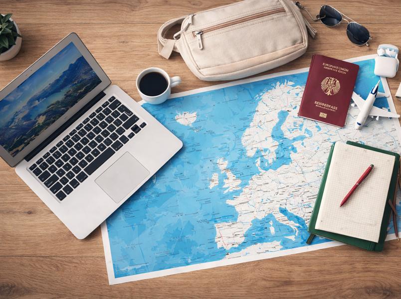 Laptop, Weltkarte, Notizheft und Pass auf Schreibtisch